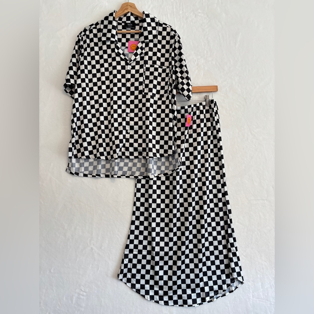 Dressed in LaLa Black and White Checkered Shirt and Skirt Set small NWT